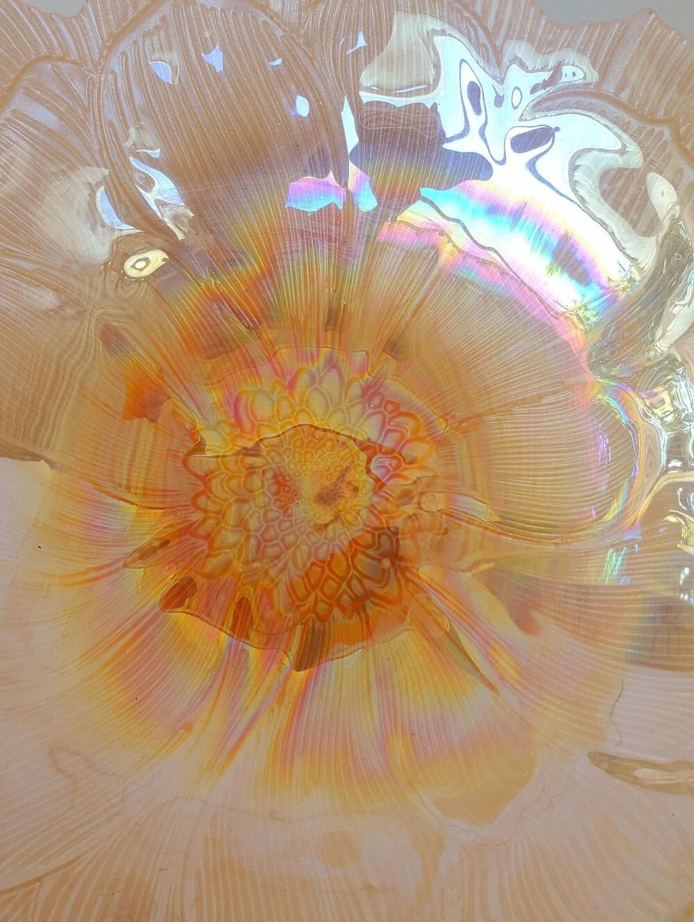 Vintage Iridescent Carnival Glass Bowl Marigold Ruffled Edge Floral 11”